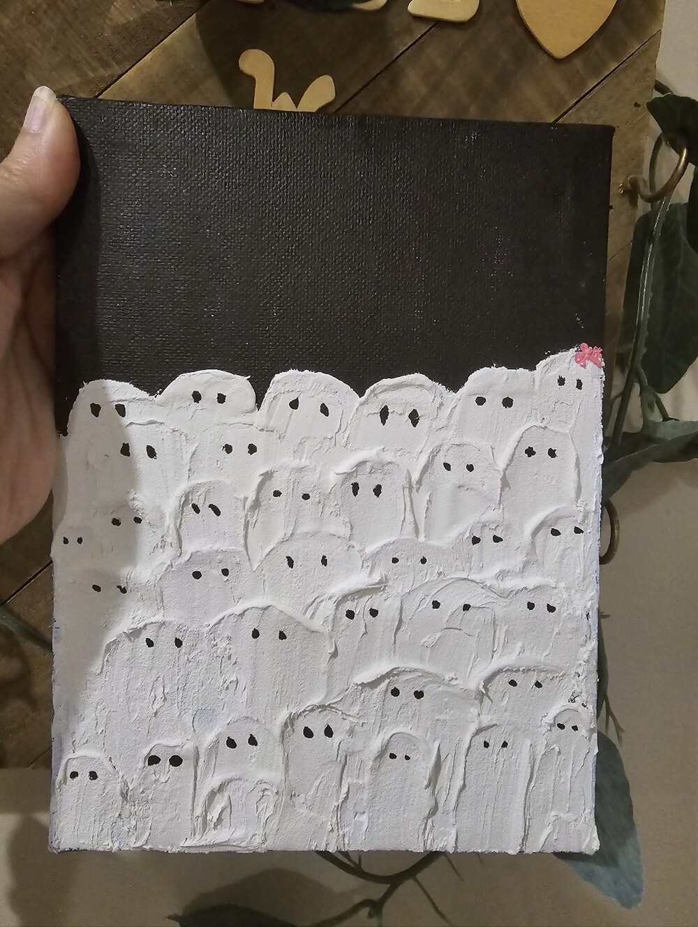 Hand-Painted Ghost Crowd Canvas Art in Black and White Pink Bow Ghost
